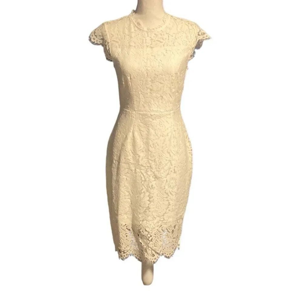 Merokeety Cap Sleeve Lace Floral Cocktail Knee Length Sheath Dress White Small